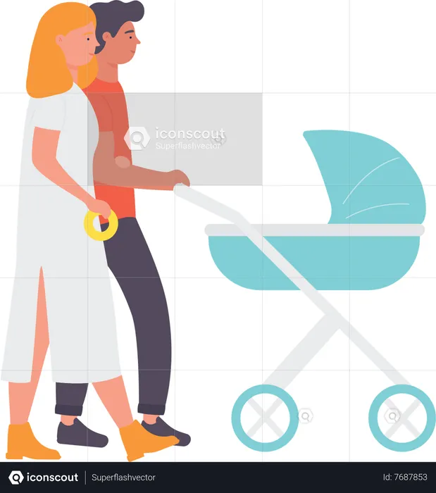 Couple With Baby Stroller  Illustration