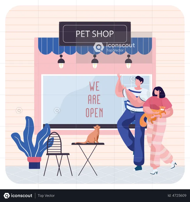 Couple with cat walking out from pet store  Illustration