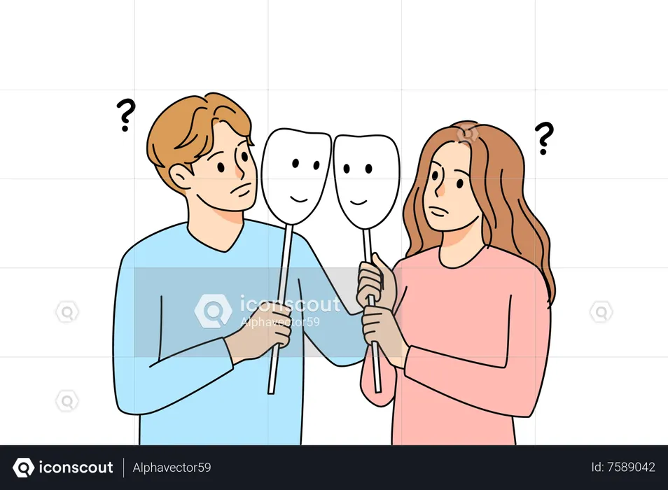 Couple with false faces with each other  Illustration