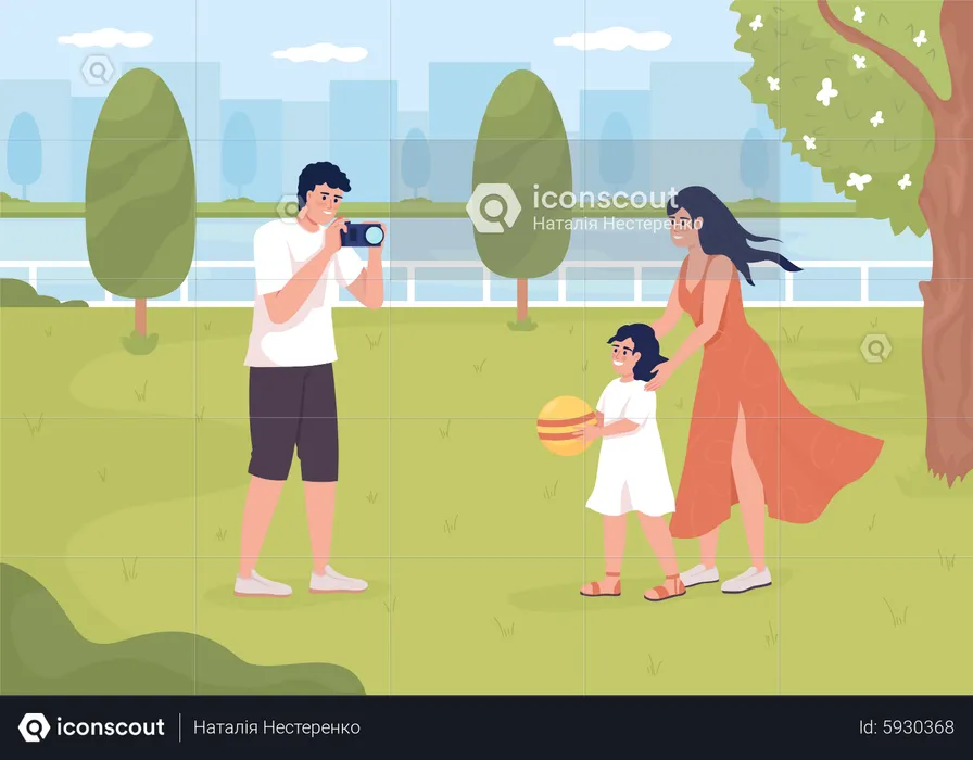 Couple with little daughter taking photos at park  Illustration
