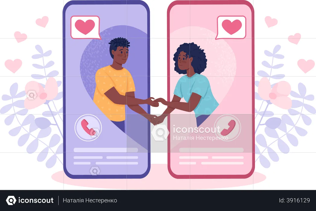 Couple with long distance relationship connected over smartphone  Illustration