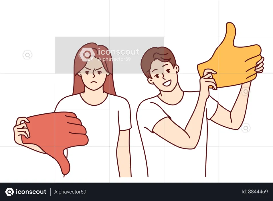 Couple with opposing opinions give ratings to product and demonstrate thumbs up and thumbs down  Illustration