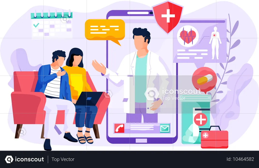 医者に電話ビデオ通話するカップル  イラスト