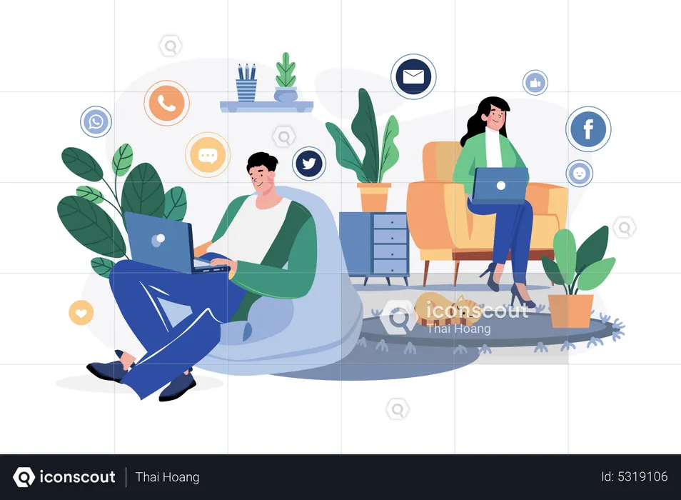 Couples connect social networks at home  Illustration