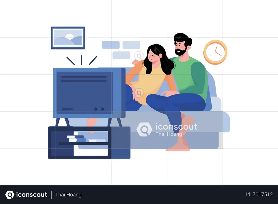 Couple's Relaxing Day at Home with Movies  Illustration