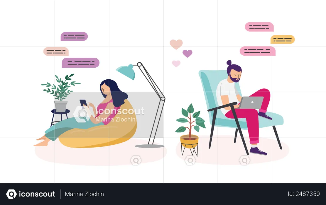 Couples with smartphones, tablets and laptops chatting online, during coronavirus quarantine  Illustration