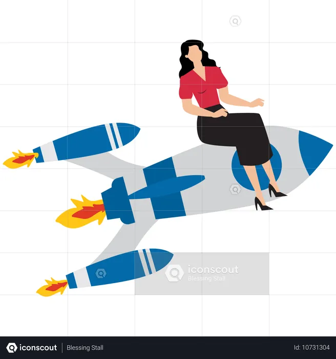 Courage businesswoman with firework booster starting to fly  Illustration