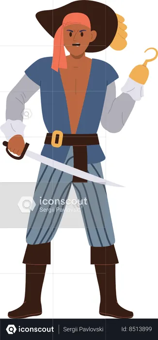 Courageous pirate with iron hook instead of hand holding sable in another  Illustration