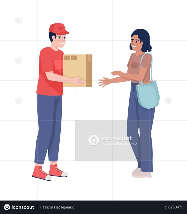 Courier boy giving cardboard parcel to woman  Illustration
