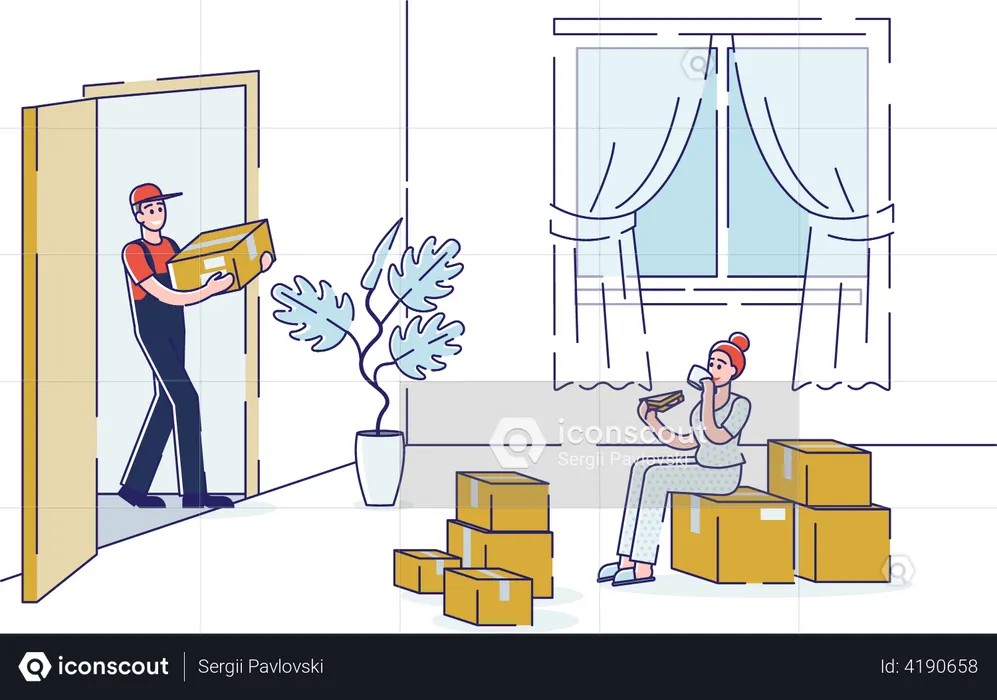 Courier bringing cardboard boxes in living room for female client of delivery service  Illustration