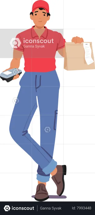 Courier Character Delivering A Food Package With A Pos Terminal  Illustration