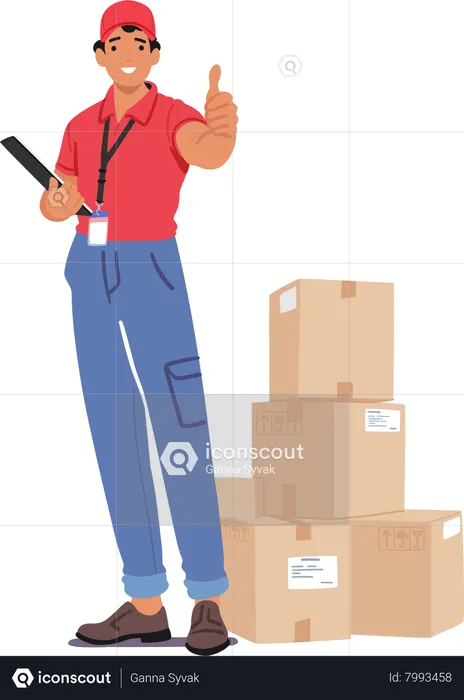 Courier Character With A Thumbs-up Gesture Holds A Clipboard with a Pile Of Parcels nearby  Illustration