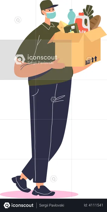 Courier guy wearing mask delivering food and grocery  Illustration