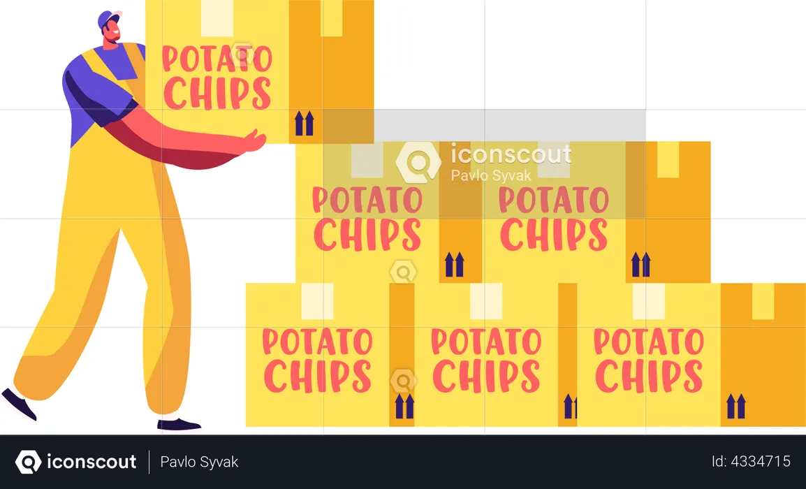 Courier Male Delivering Potato Chips Boxes  Illustration