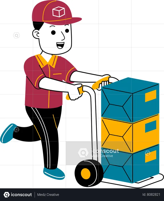 Courier man brings package with trolley  Illustration