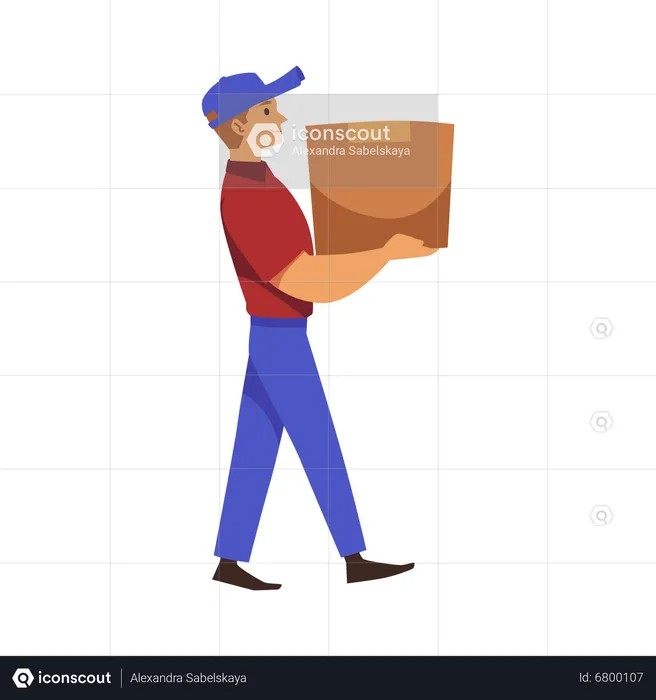 Courier man carrying heavy cardboard  Illustration