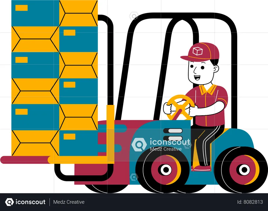 Courier man moves packages with forklift  Illustration