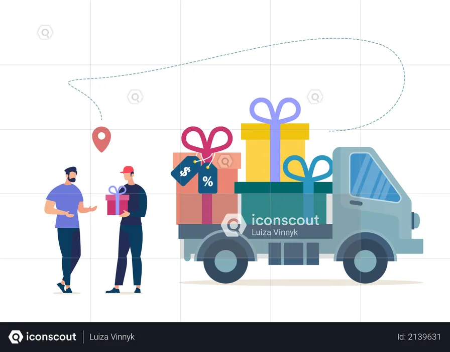 Courier or Deliveryman Arrived on Truck Full of Gifts, Giving Wrapped Box to Store Client  Illustration