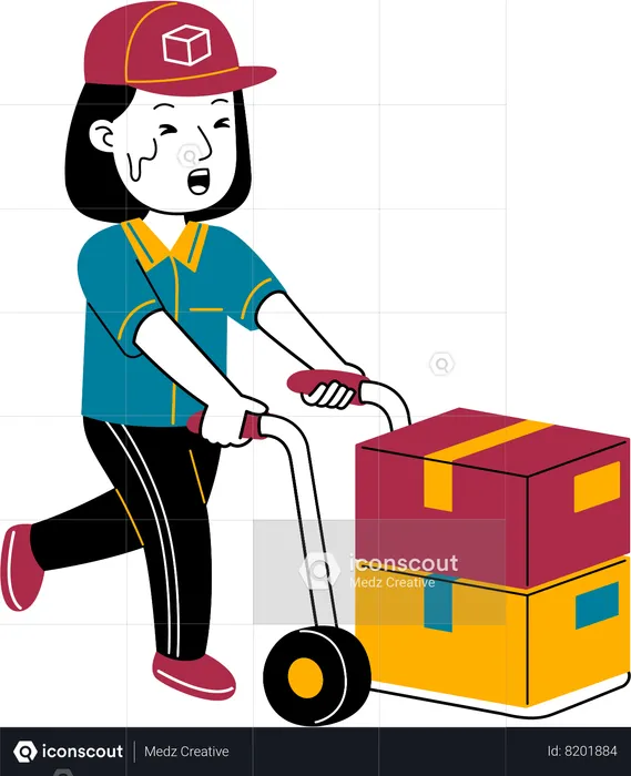 Courier woman brings package with trolley  Illustration