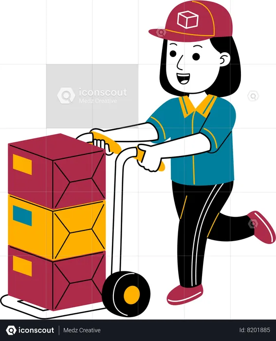 Courier woman brings package with trolley  Illustration