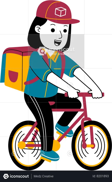 Courier woman delivers package by bicycle  Illustration