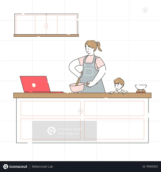 Cours de cuisine en ligne avec maman  Illustration