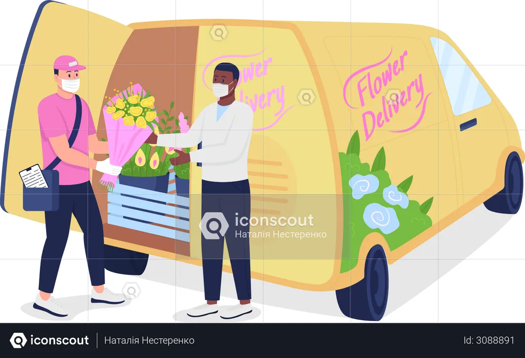 Un coursier donne des fleurs à un client près d'un camion de livraison  Illustration