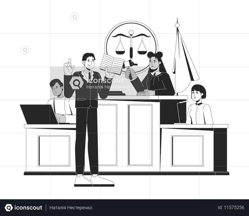 Courtroom trial with judge and lawyer and witness  Illustration