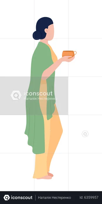 Couvert par une couverture femme dans des vêtements confortables avec une tasse  Illustration