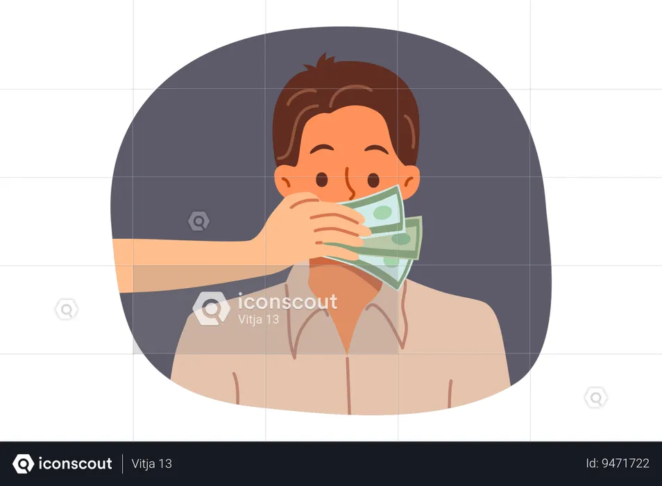 Cover man mouth with hands bribing person for silence or stopping disclosure of secret information  Illustration