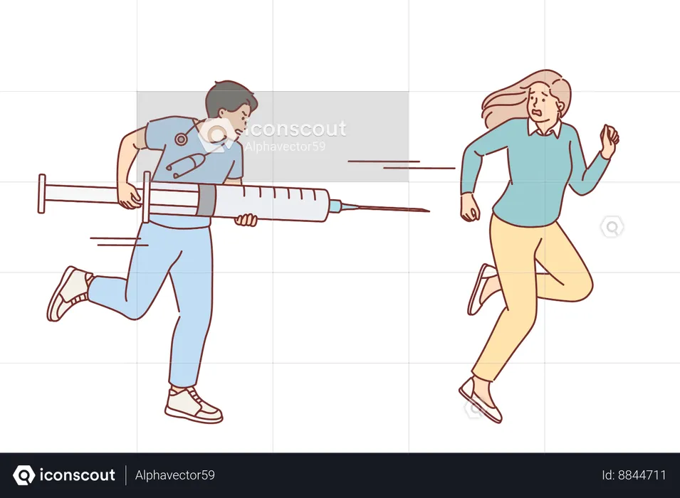 Cowardly woman suffers from Vaccinophobia and runs away from doctor with large syringe  Illustration