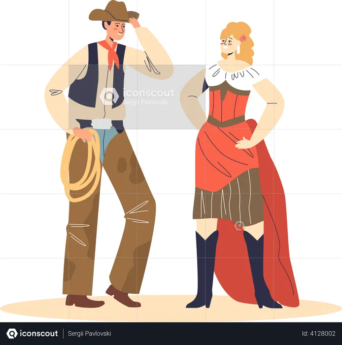 Cowboy and cabaret dancer standing together  Illustration