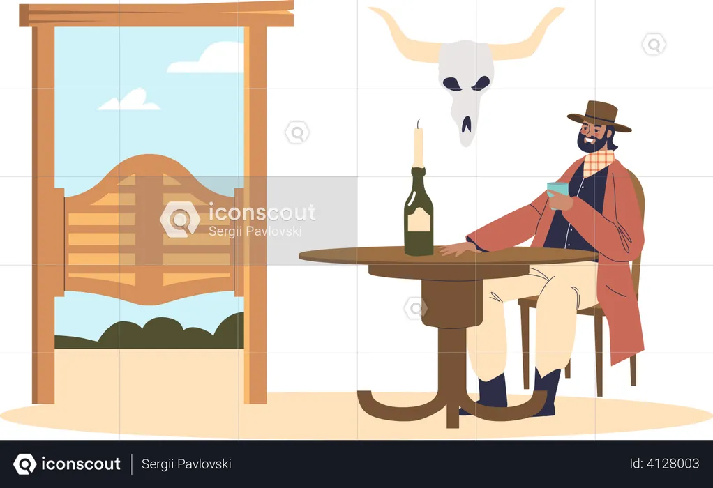 Cowboy at table drinking alcohol  Illustration