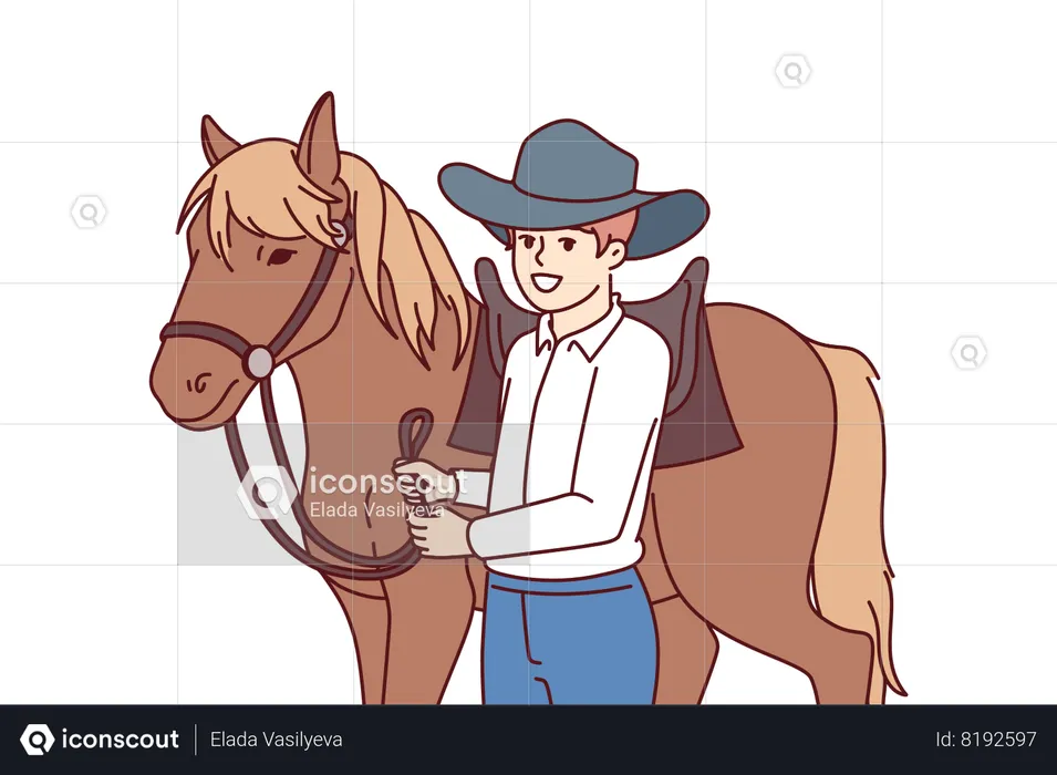 Best Cowboy boy is standing next to horse caring for stallion and ...