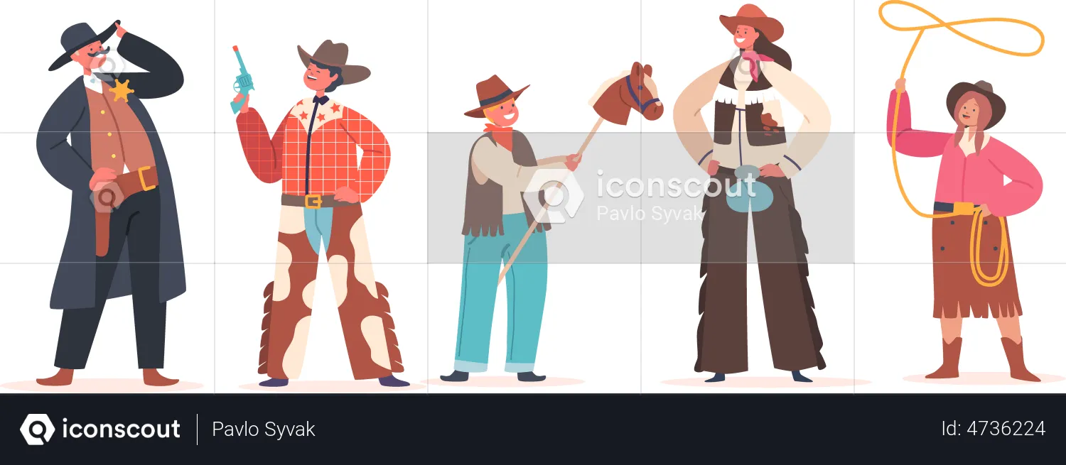 Cowboy Kids Wear Traditional Wild West Costumes and Hats  Illustration
