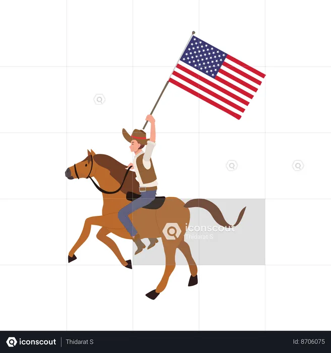 Cowboy on horseback holding american flag  Illustration