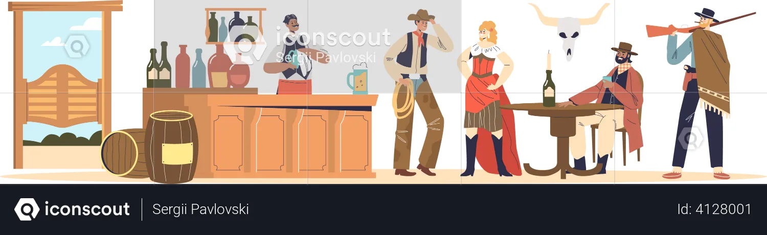 Cowboys in western clothes drinking in retro pub  Illustration