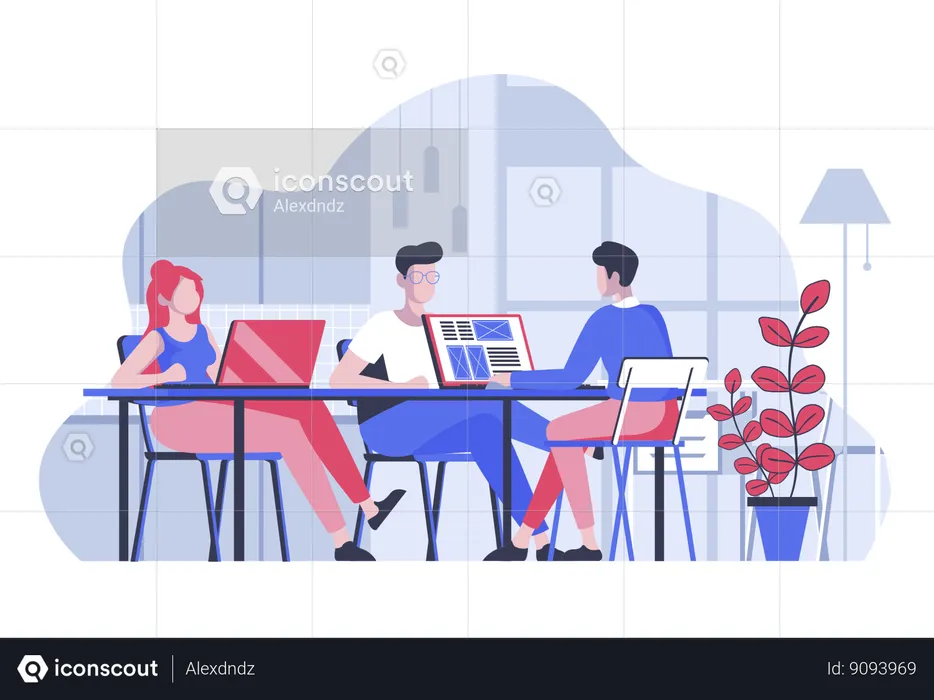 Coworkers team and freelancers working at laptop in open space  Illustration