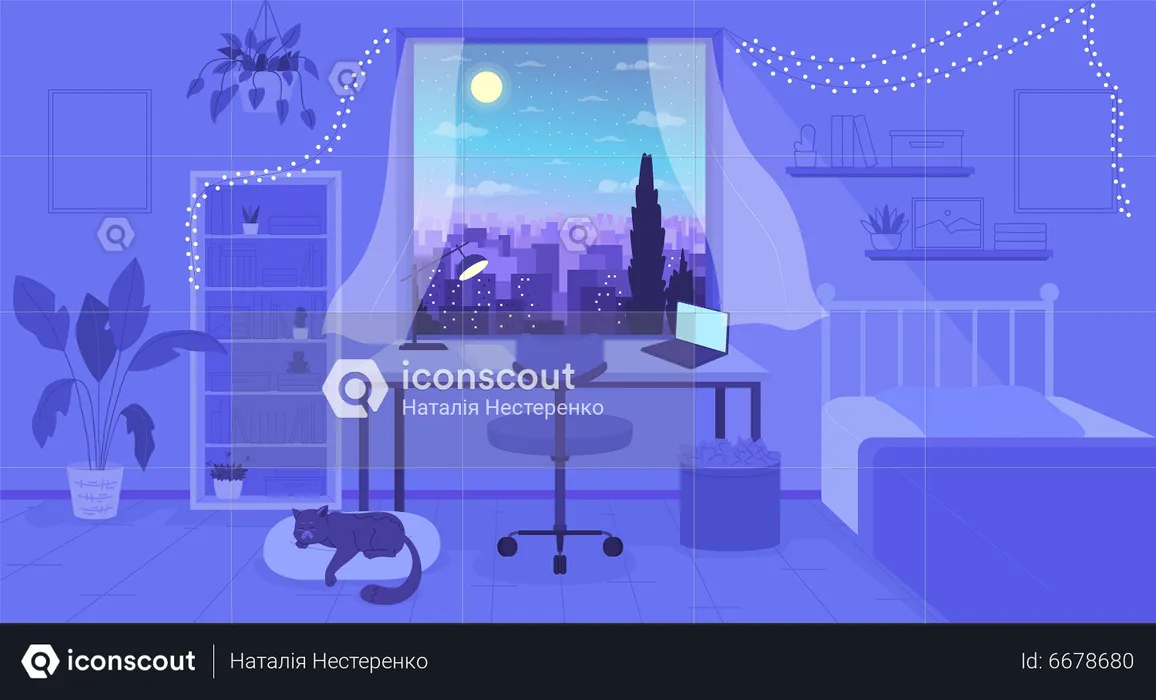 Cozy bedroom with night cityscape view in window  Illustration