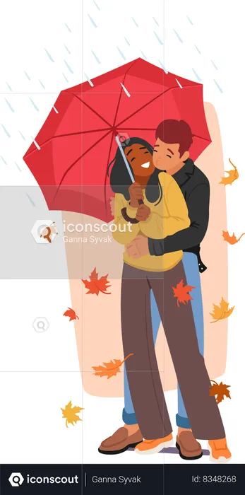 Cozy couple embraces beneath a shared umbrella  Illustration