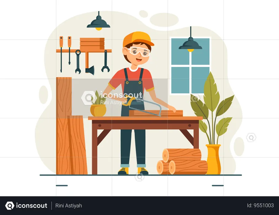 Craftsmen cutting wood  Illustration