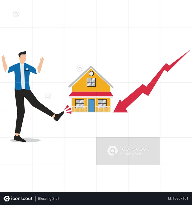 Cranky businessman kicking away homes  Illustration