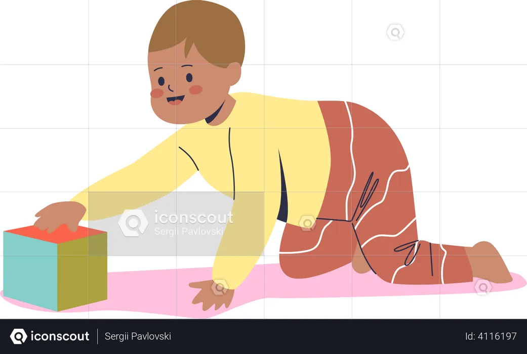 Crawling baby playing with cube toy  Illustration