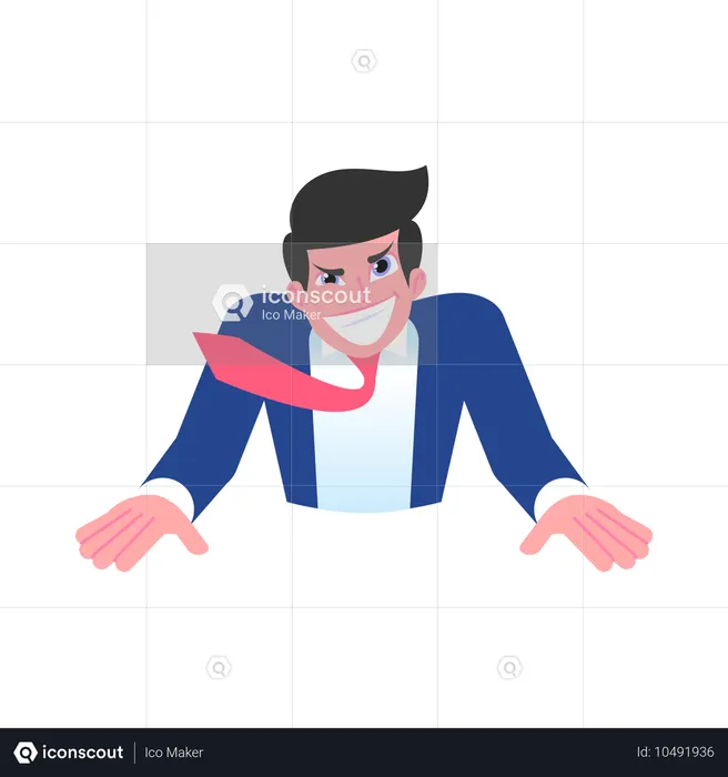 미친 사업가가 테이블에 손을 얹고 미소 짓고 있다  일러스트레이션