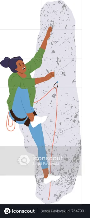 Crazy woman climb character climbing mountain rock cliff handing on safety rope  Illustration