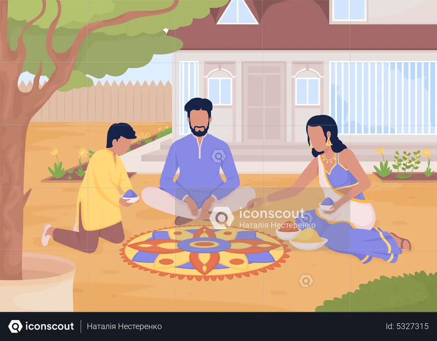 Famille créant un rangoli de fleurs  Illustration