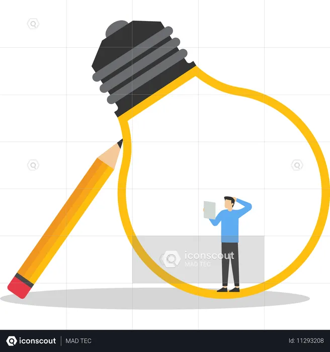 Creative businessman holding red pencil think about idea on light bulb  Illustration