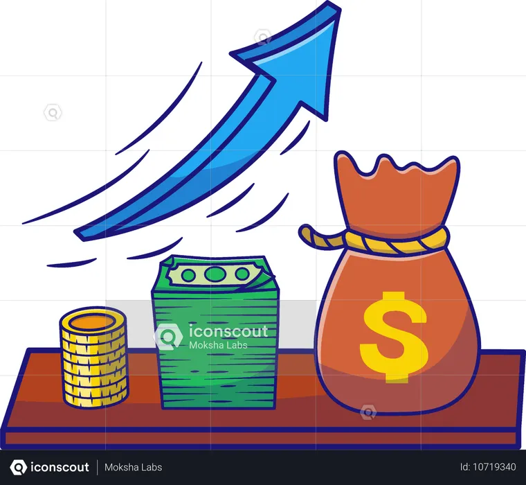 Crecimiento financiero con dinero y monedas  Ilustración