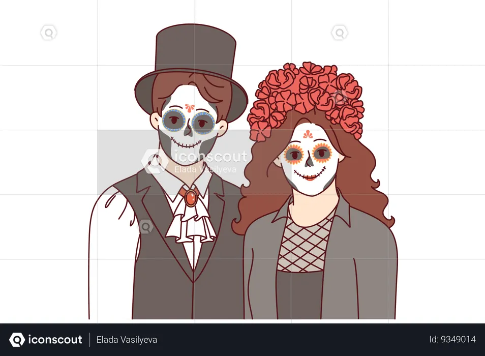 Creepy couple dressed up to celebrate halloween and create creepy atmosphere at night party  Illustration