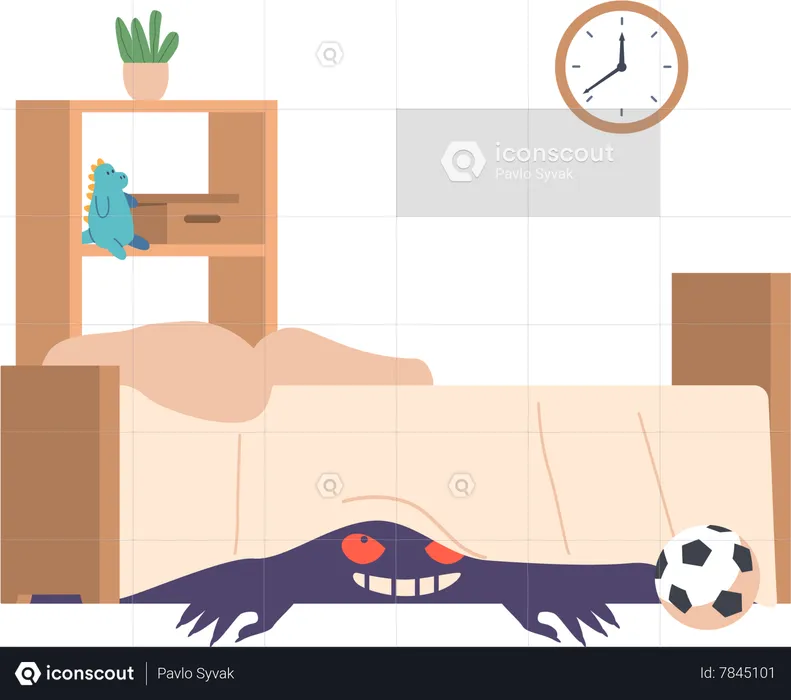 Creepy Ghost Lurks Beneath The Bed In The Kid Bedroom  Illustration